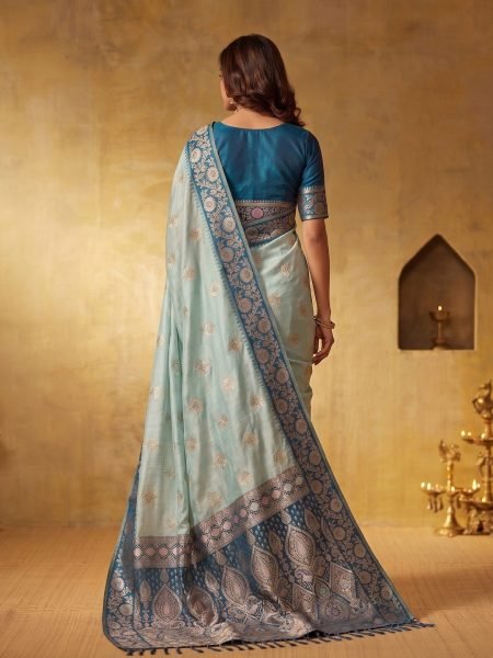 Extraordinary Sky Blue Silk Blend Saree with Contrast Border and Matching Blouse  Silk Sarees Wholesale