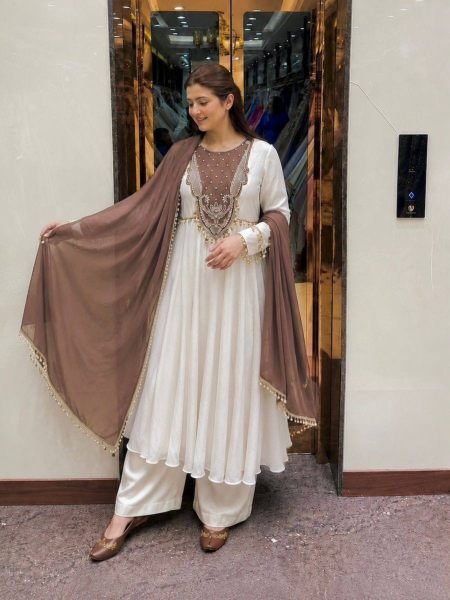 Extraordinary White Brown Roman Glass Silk Anarkali Suit with 3 Meter Flair at Manufacturer  