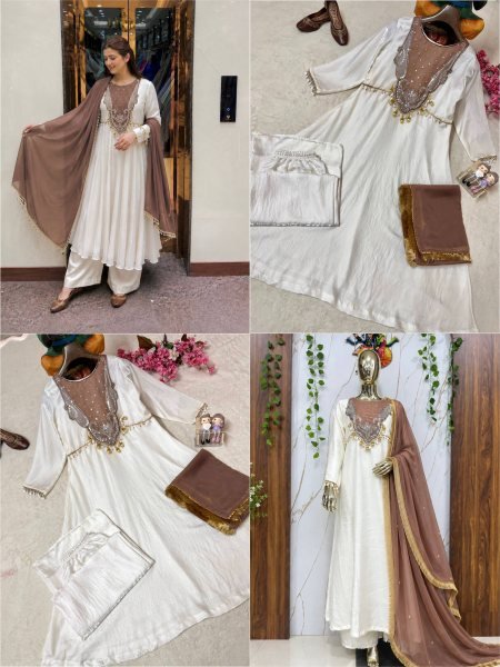 Extraordinary White Brown Roman Glass Silk Anarkali Suit with 3 Meter Flair at Manufacturer  Ready To Wear Collection