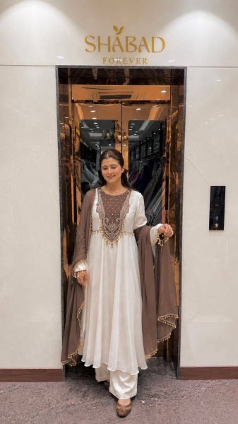Extraordinary White Brown Roman Glass Silk Anarkali Suit with 3 Meter Flair at Manufacturer  Ready To Wear Collection