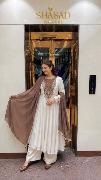 Extraordinary White Brown Roman Glass Silk Anarkali Suit with 3 Meter Flair at Manufacturer  Ready To Wear Collection