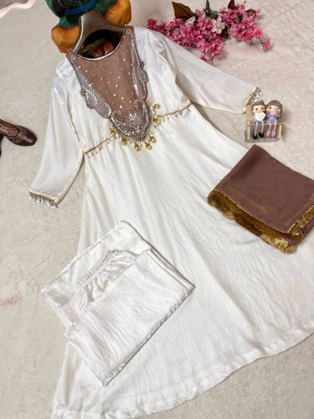 Extraordinary White Brown Roman Glass Silk Anarkali Suit with 3 Meter Flair at Manufacturer  Ready To Wear Collection