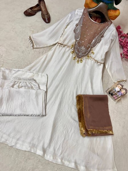 Extraordinary White Brown Roman Glass Silk Anarkali Suit with 3 Meter Flair at Manufacturer  Ready To Wear Collection