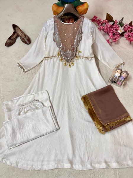 Extraordinary White Brown Roman Glass Silk Anarkali Suit with 3 Meter Flair at Manufacturer  Ready To Wear Collection