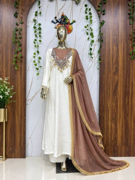 Extraordinary White Brown Roman Glass Silk Anarkali Suit with 3 Meter Flair at Manufacturer  Ready To Wear Collection
