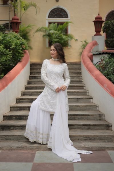 Extraordinary White Color Kurti Sharara Set with Embroidered Dupatta for Women Sharara Set