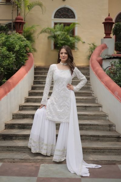 Extraordinary White Color Kurti Sharara Set with Embroidered Dupatta for Women Sharara Set