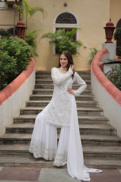 Extraordinary White Color Kurti Sharara Set with Embroidered Dupatta for Women Sharara Set