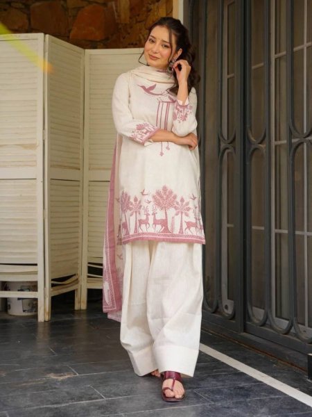 Extraordinary White Designer Cambric Cotton Kurti with Farshi Salwar and Dupatta 