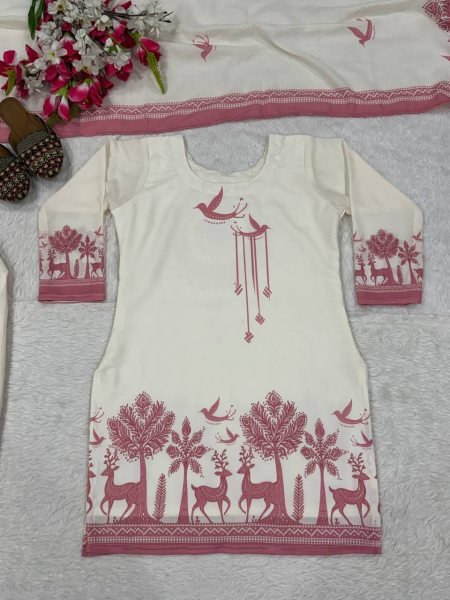 Extraordinary White Designer Cambric Cotton Kurti with Farshi Salwar and Dupatta Ready To Wear Collection