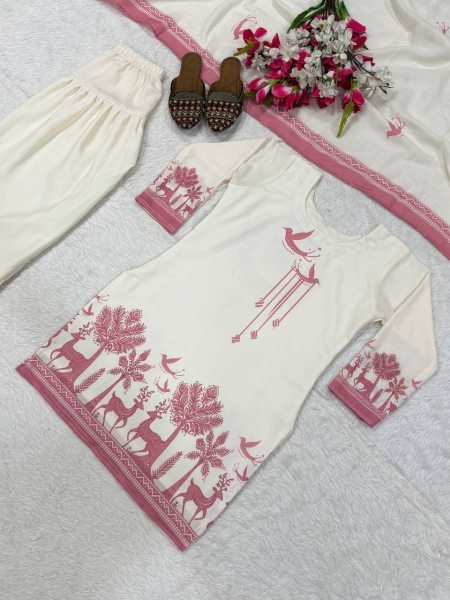 Extraordinary White Designer Cambric Cotton Kurti with Farshi Salwar and Dupatta Ready To Wear Collection