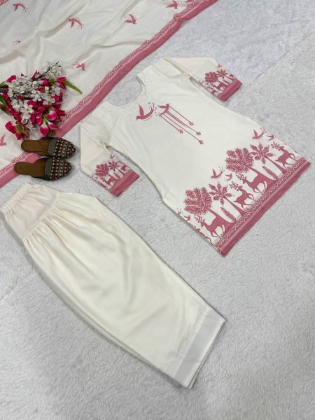 Extraordinary White Designer Cambric Cotton Kurti with Farshi Salwar and Dupatta Ready To Wear Collection