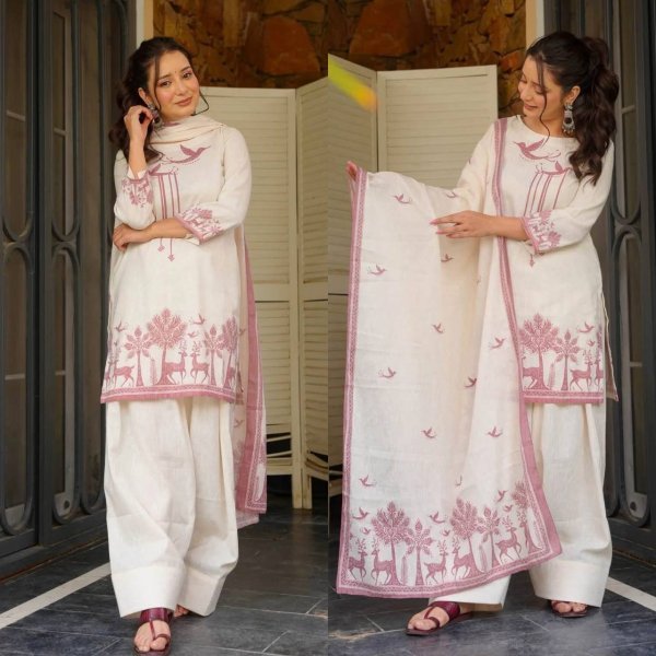 Extraordinary White Designer Cambric Cotton Kurti with Farshi Salwar and Dupatta Ready To Wear Collection