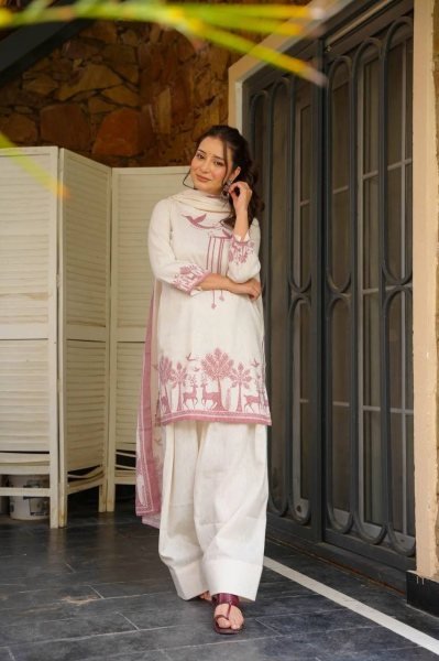Extraordinary White Designer Cambric Cotton Kurti with Farshi Salwar and Dupatta Ready To Wear Collection