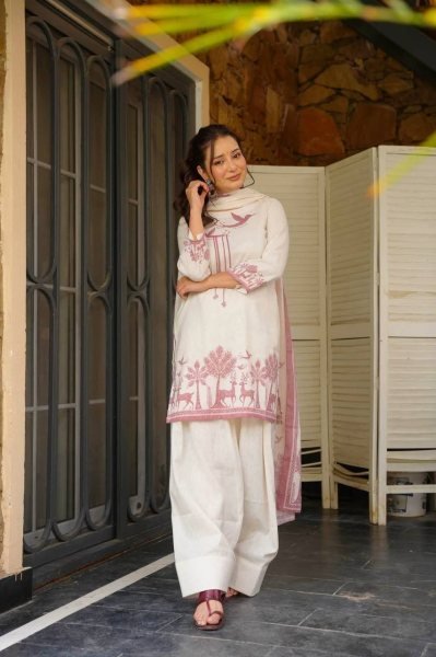 Extraordinary White Designer Cambric Cotton Kurti with Farshi Salwar and Dupatta Ready To Wear Collection