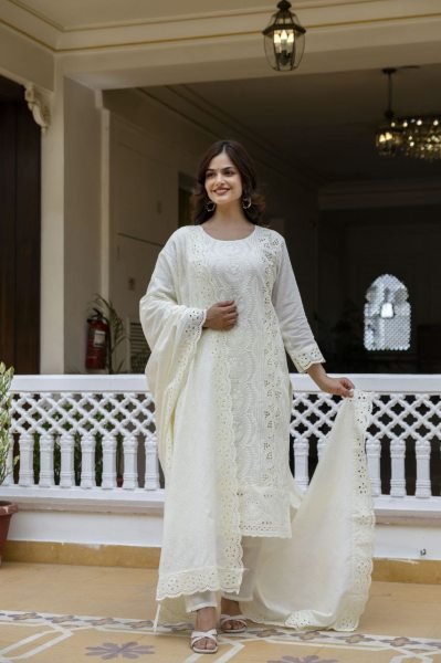 Extraordinary White Designer Pink Sky Cotton Chikankari 3 Piece Suit Set for Festive Wear Cotton Kurtis Wholesale