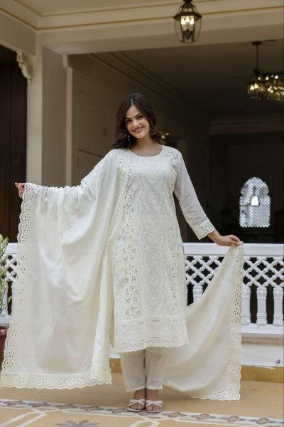 Extraordinary White Designer Pink Sky Cotton Chikankari 3 Piece Suit Set for Festive Wear Cotton Kurtis Wholesale