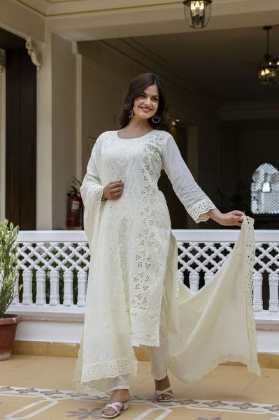 Extraordinary White Designer Pink Sky Cotton Chikankari 3 Piece Suit Set for Festive Wear Cotton Kurtis Wholesale