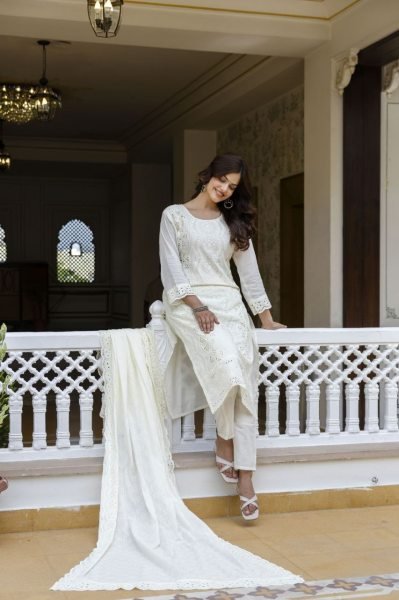 Extraordinary White Designer Pink Sky Cotton Chikankari 3 Piece Suit Set for Festive Wear Cotton Kurtis Wholesale