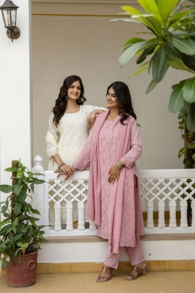 Extraordinary White Designer Pink Sky Cotton Chikankari 3 Piece Suit Set for Festive Wear Cotton Kurtis Wholesale