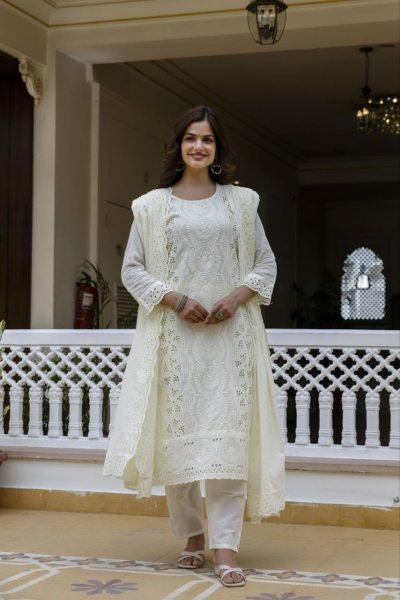 Extraordinary White Designer Pink Sky Cotton Chikankari 3 Piece Suit Set for Festive Wear Cotton Kurtis Wholesale