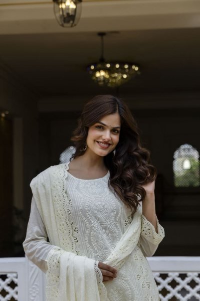 Extraordinary White Designer Pink Sky Cotton Chikankari 3 Piece Suit Set for Festive Wear Cotton Kurtis Wholesale