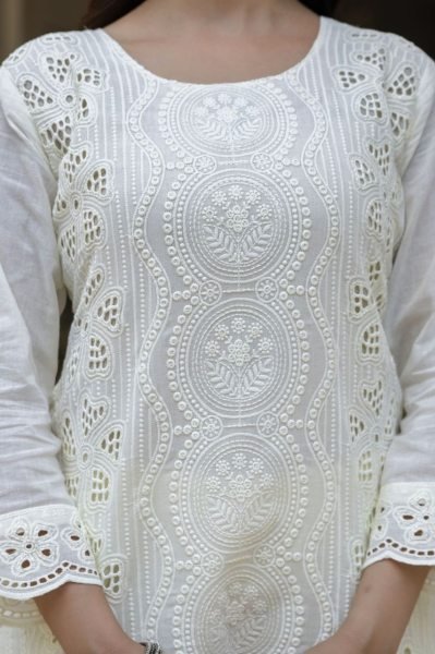 Extraordinary White Designer Pink Sky Cotton Chikankari 3 Piece Suit Set for Festive Wear Cotton Kurtis Wholesale