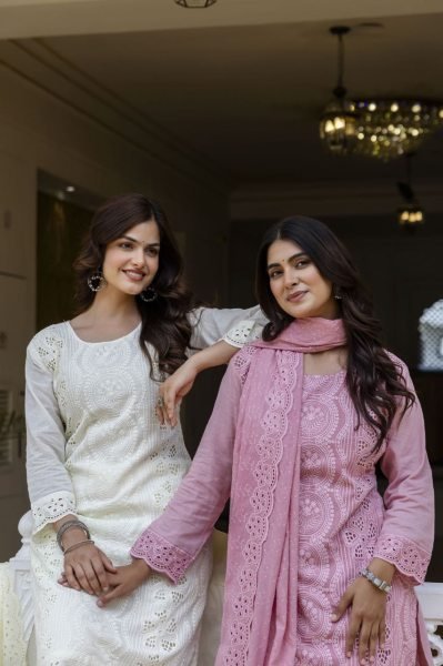 Extraordinary White Designer Pink Sky Cotton Chikankari 3 Piece Suit Set for Festive Wear Cotton Kurtis Wholesale