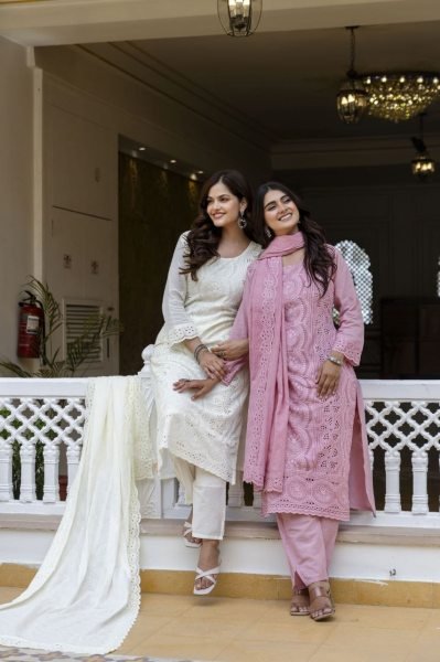 Extraordinary White Designer Pink Sky Cotton Chikankari 3 Piece Suit Set for Festive Wear Cotton Kurtis Wholesale