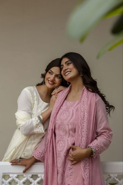 Extraordinary White Designer Pink Sky Cotton Chikankari 3 Piece Suit Set for Festive Wear Cotton Kurtis Wholesale