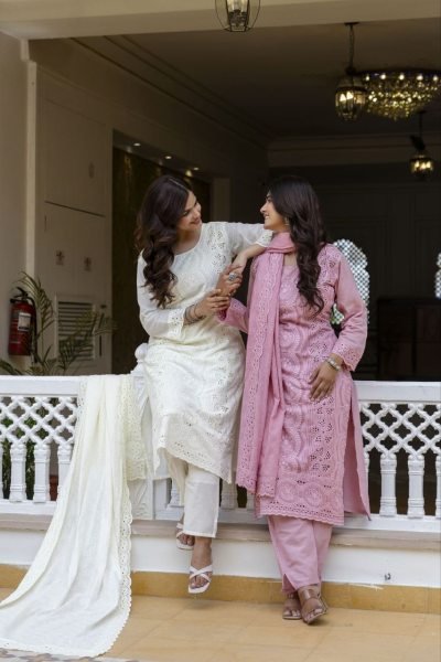 Extraordinary White Designer Pink Sky Cotton Chikankari 3 Piece Suit Set for Festive Wear Cotton Kurtis Wholesale