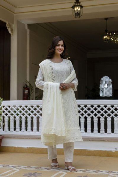 Extraordinary White Designer Pink Sky Cotton Chikankari 3 Piece Suit Set for Festive Wear Cotton Kurtis Wholesale
