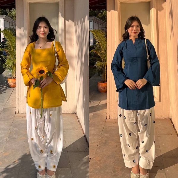 Extraordinary Yellow Elegant Plain Rayon Kurti Set with Thread Work Farshi Bottom Tunics kurti