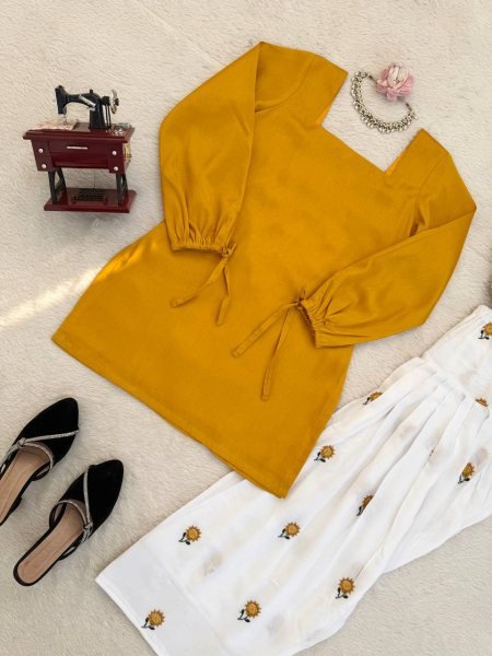 Extraordinary Yellow Elegant Plain Rayon Kurti Set with Thread Work Farshi Bottom Tunics kurti