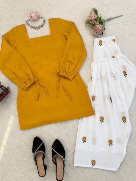 Extraordinary Yellow Elegant Plain Rayon Kurti Set with Thread Work Farshi Bottom Tunics kurti