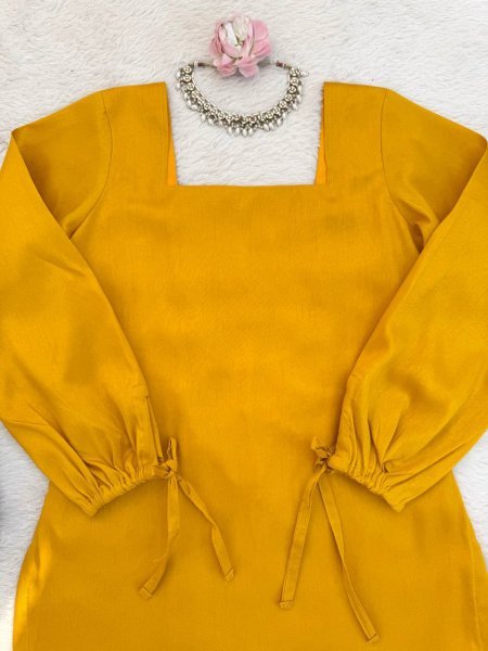 Extraordinary Yellow Elegant Plain Rayon Kurti Set with Thread Work Farshi Bottom Tunics kurti