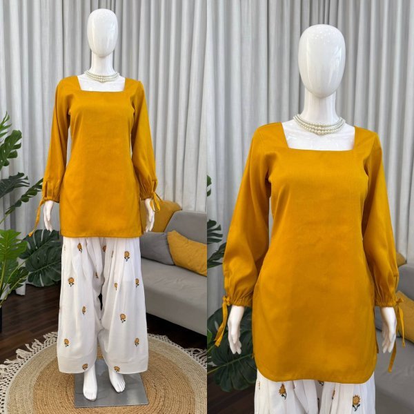 Extraordinary Yellow Elegant Plain Rayon Kurti Set with Thread Work Farshi Bottom Tunics kurti
