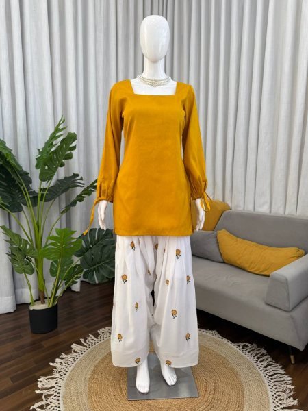 Extraordinary Yellow Elegant Plain Rayon Kurti Set with Thread Work Farshi Bottom Tunics kurti