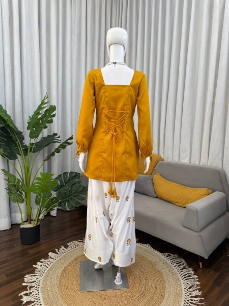 Extraordinary Yellow Elegant Plain Rayon Kurti Set with Thread Work Farshi Bottom Tunics kurti