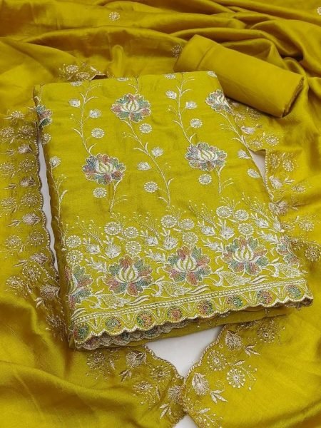 Extraordinary Yellow Vichitra Silk Suit Material with Heavy Embroidered Work Dress Material 