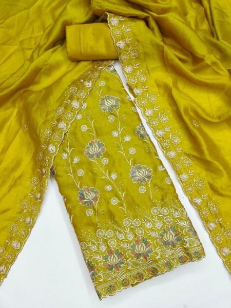 Extraordinary Yellow Vichitra Silk Suit Material with Heavy Embroidered Work Color Set Matching Dress Material Wholesale