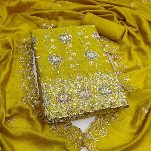 Extraordinary Yellow Vichitra Silk Suit Material with Heavy Embroidered Work Color Set Matching Dress Material Wholesale