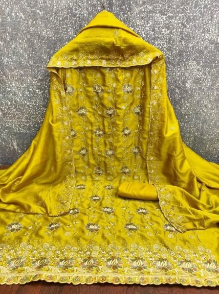 Extraordinary Yellow Vichitra Silk Suit Material with Heavy Embroidered Work Color Set Matching Dress Material Wholesale