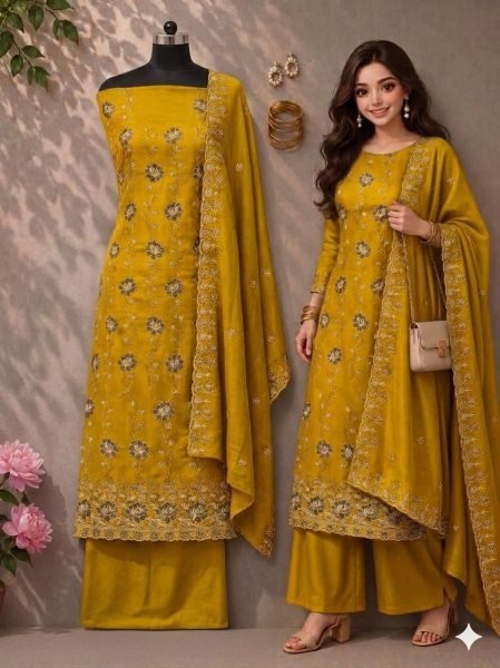 Extraordinary Yellow Vichitra Silk Suit Material with Heavy Embroidered Work Color Set Matching Dress Material Wholesale