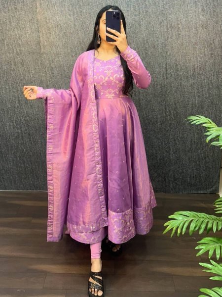 Eye Catching Lavender Two Tone Banarasi Gown with Sequence Work Dupatta for Boutiques Buyers Kurtis