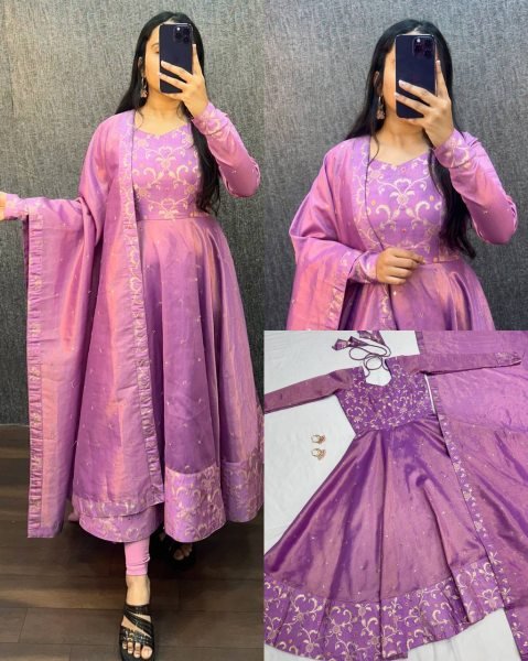 Eye Catching Lavender Two Tone Banarasi Gown with Sequence Work Dupatta for Boutiques Buyers Kurti With Dupatta Wholesale