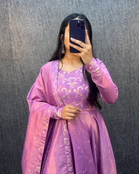 Eye Catching Lavender Two Tone Banarasi Gown with Sequence Work Dupatta for Boutiques Buyers Kurti With Dupatta Wholesale
