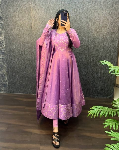 Eye Catching Lavender Two Tone Banarasi Gown with Sequence Work Dupatta for Boutiques Buyers Kurti With Dupatta Wholesale
