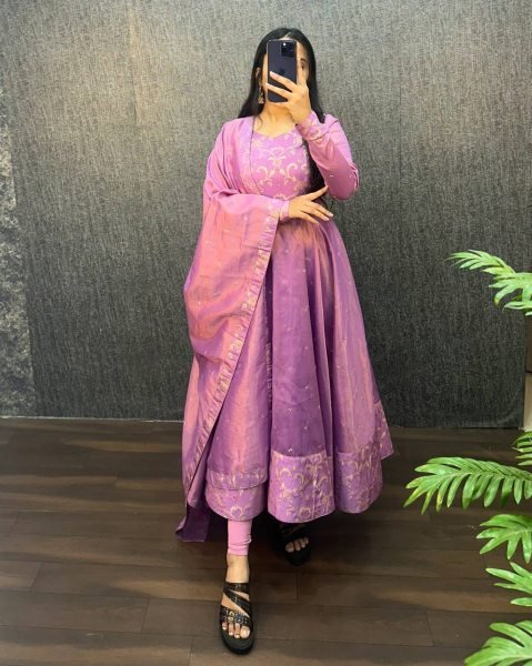 Eye Catching Lavender Two Tone Banarasi Gown with Sequence Work Dupatta for Boutiques Buyers Kurti With Dupatta Wholesale