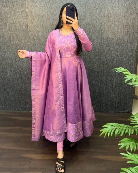 Eye Catching Lavender Two Tone Banarasi Gown with Sequence Work Dupatta for Boutiques Buyers Kurti With Dupatta Wholesale
